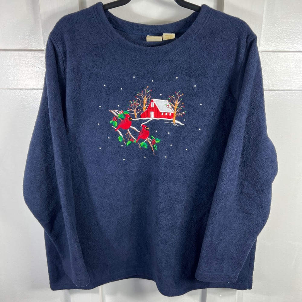 CC Hughes Navy Blue Fleece Sweatshirt Cardinal Red Barn Winter Embroidered 2X
